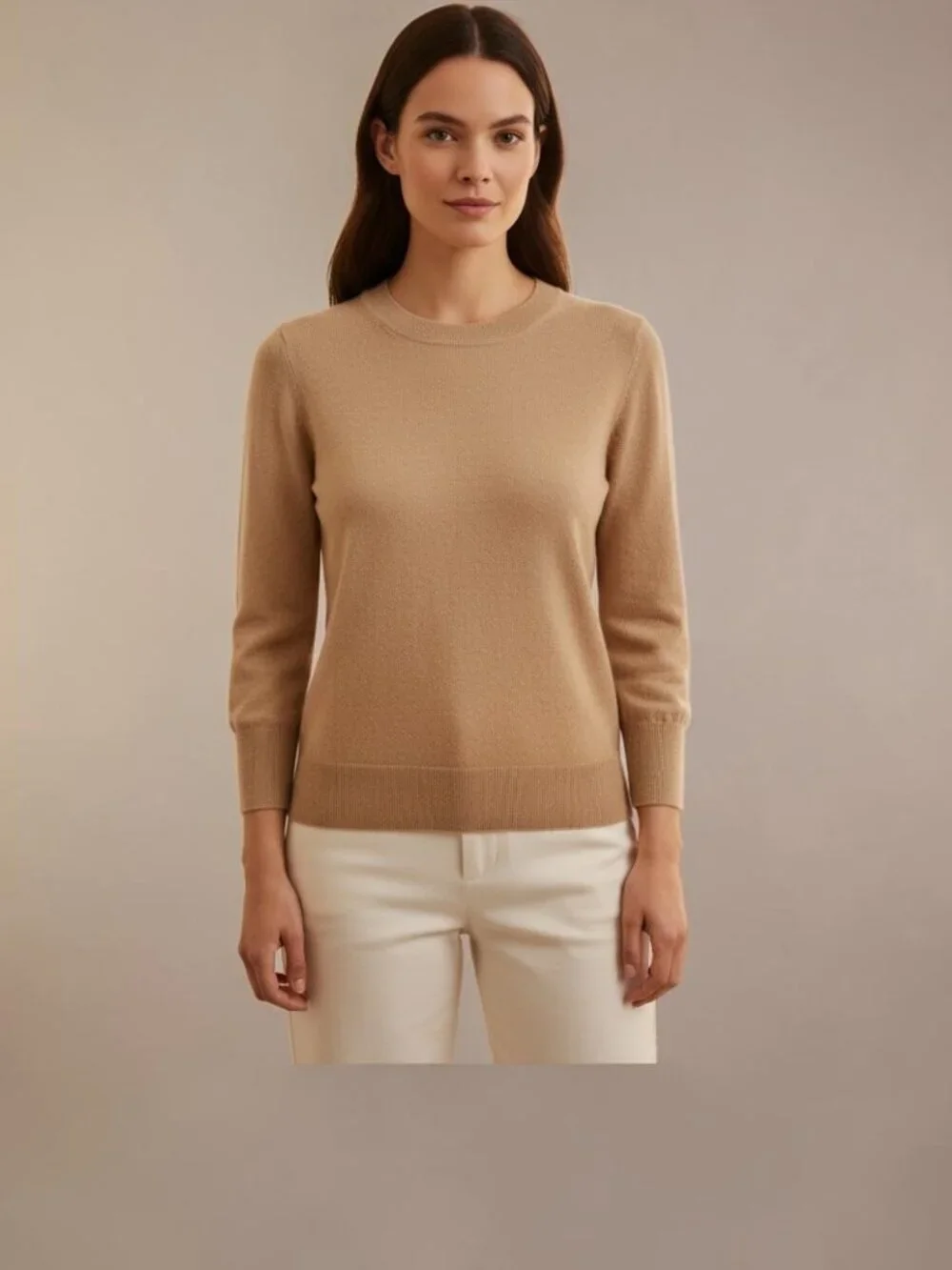 J. Crew 100% Cashmere Crewneck Sweater Heather Camel Tan 3/4 Sleeve Size S